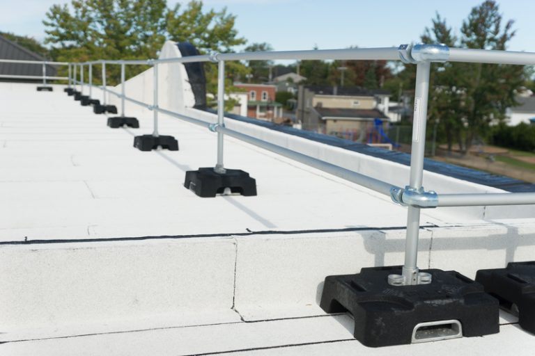 roof safety railing installed on a white membrane