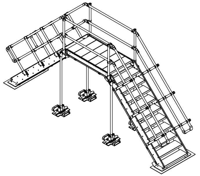 A technical drawing showing a crossover stair system with counterweights